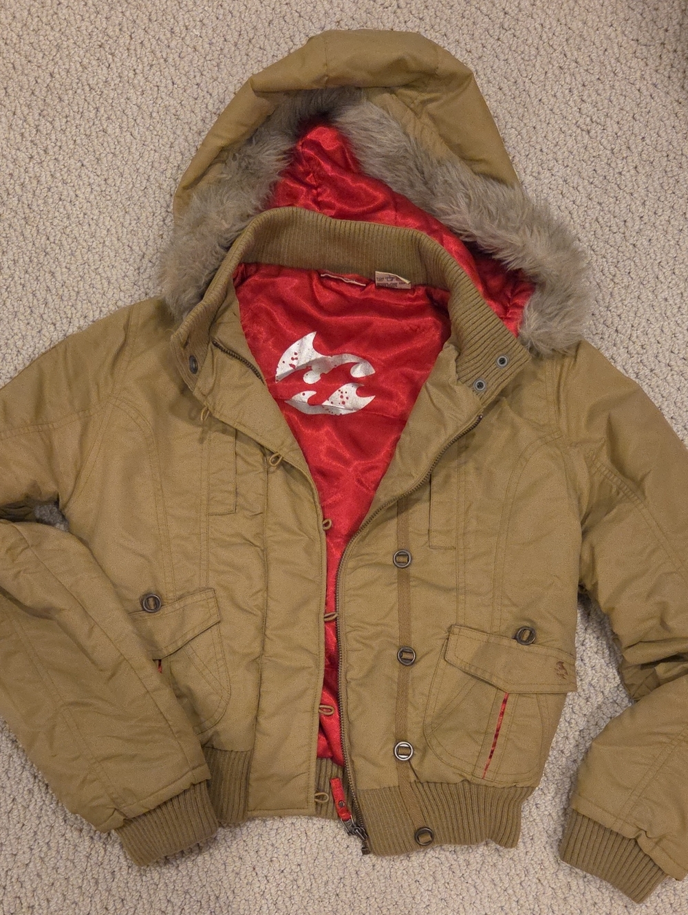 Vintage Y2K Billabong Bomber Jacket NWOT - Tan Khaki Cargo Coat with Faux Fur